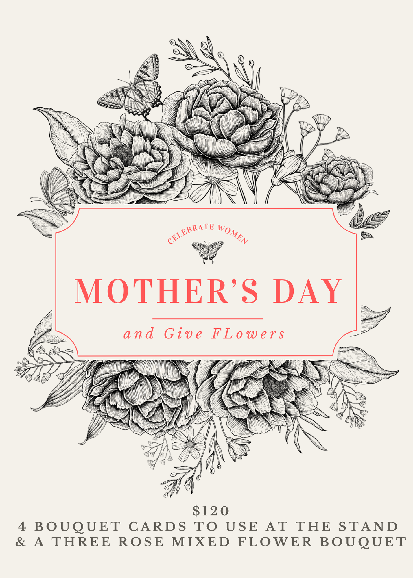 Four Bouquet Gift Cards & a Three Rose Mixed Flower Wrapped Bouquet for Mother's Day