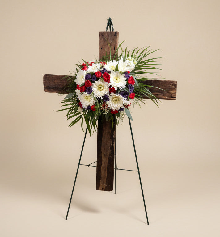 Rustic Wood Cross Standing Spray | Funeral Flowers