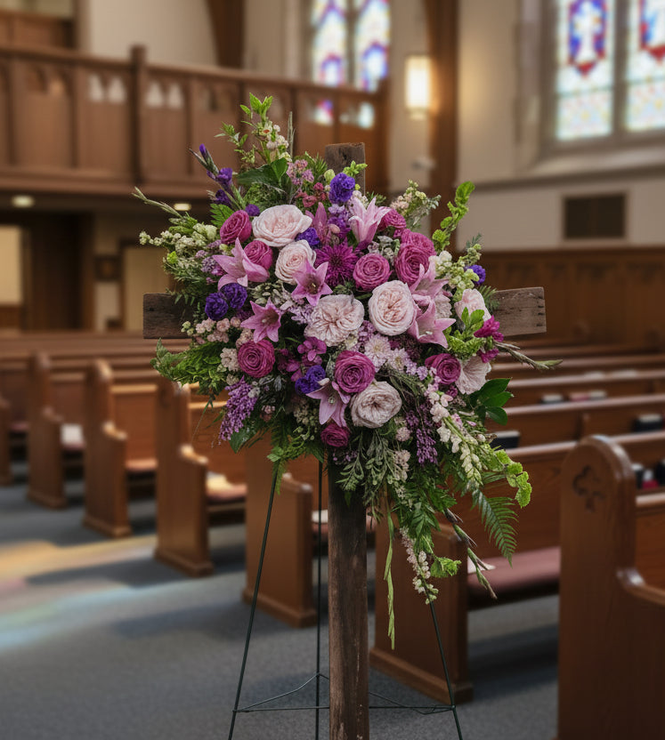 Rustic Wood Cross Standing Spray | Funeral Flowers