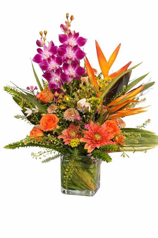 Tropical Orchid & Birds of Paradise Valentine Arrangement