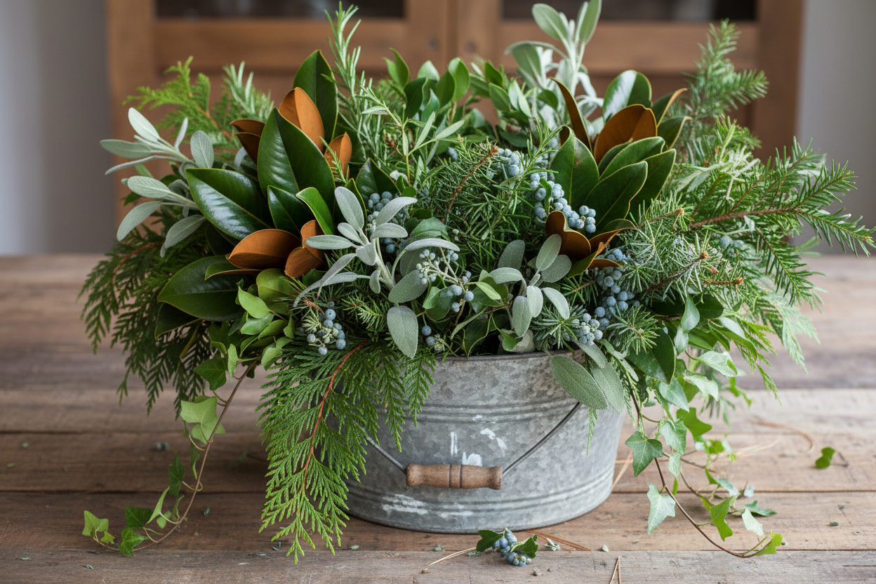 cut greenery Create your own stunning holiday arrangements with this versatile mixed bucket of premium evergreens. This curated collection may feature a lush blend of magnolia, eucalyptus, western red cedar, Douglas fir, rosemary, sage, bay leaf, princess pine, juniper, English ivy, and camellia—everything you need to craft personalized wreaths, garlands, and centerpieces. Each variety brings its own texture and fragrance, giving you endless creative possibilities for decorating your home or gifting handmad