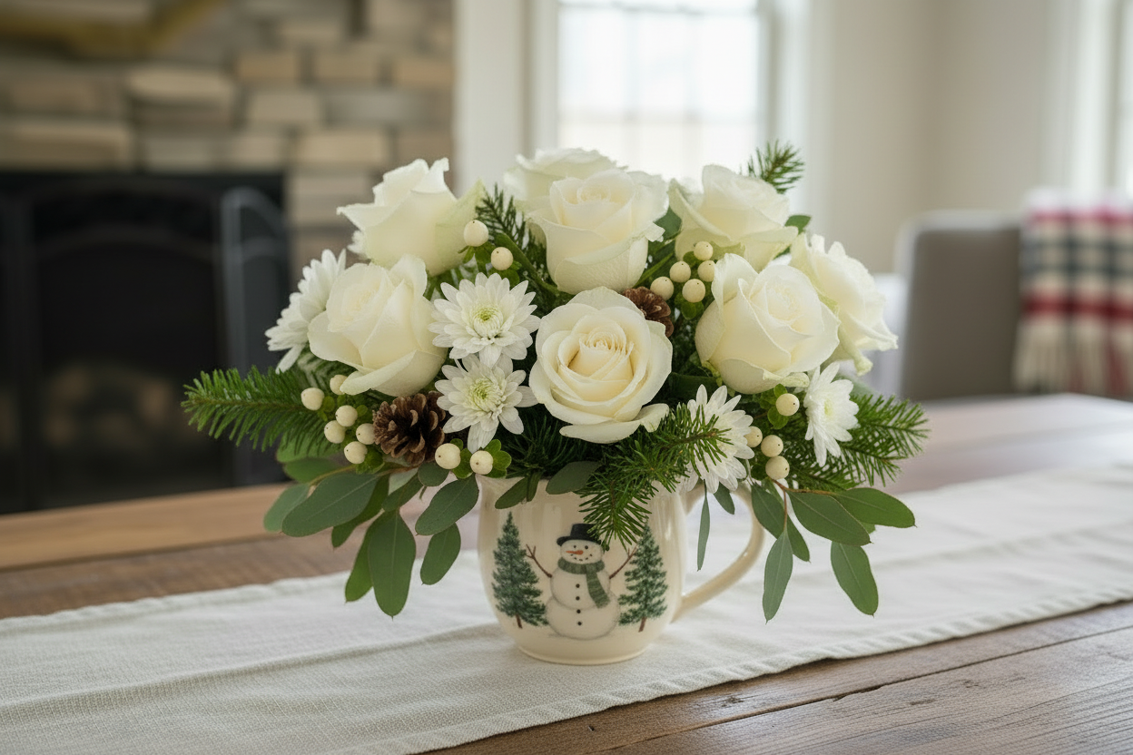 Flower arrangement with evergreens in a christmas mug