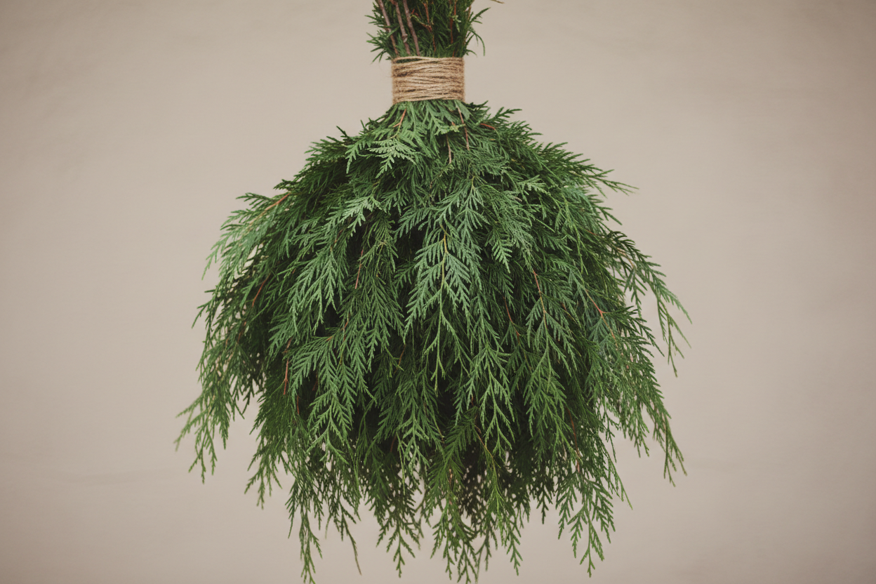 large gently wrapped bunch of flowy western red cedar tied with twine