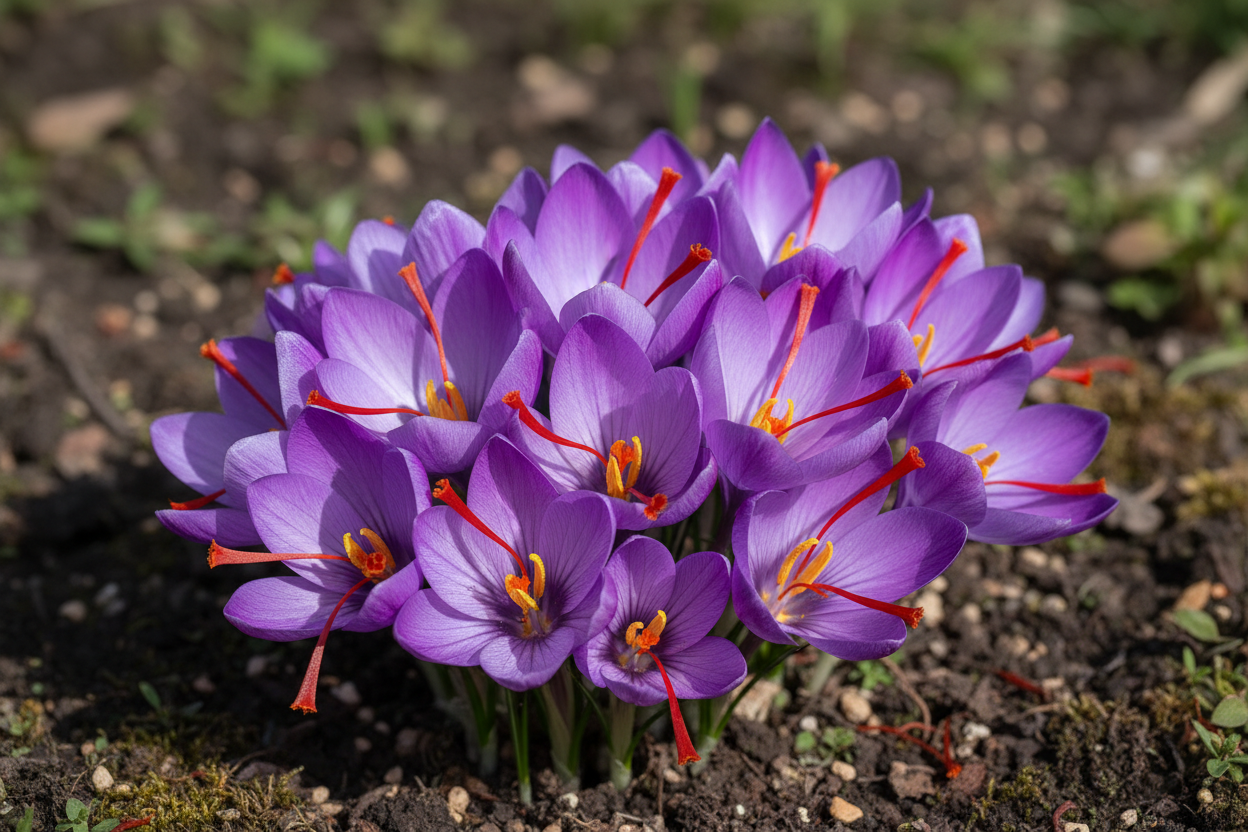 saffron growing purple blooms crocus